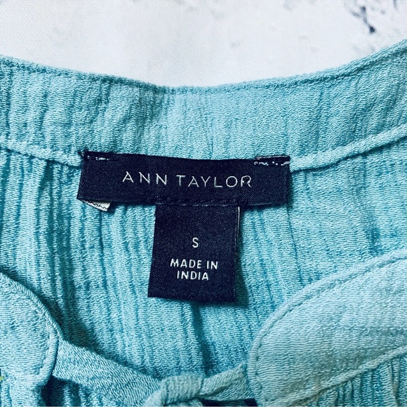 Ann Taylor Women's Size S Gauze Tie Neck Smocked Sleeve Top Blouse Oyster Blue - Picture 6 of 12